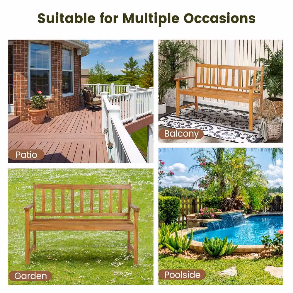 Costway 2-Person Outdoor Acacia Wood Garden Bench with Armrests in Natural Brown – 8