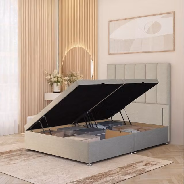 Somnior Beds Ltd Austin Ottoman Bed with Side Opening Floor Standing Headboard in Natural Tweed Fabric and Solid Wood, Small Double, W/D/H: 120 x 200 cm