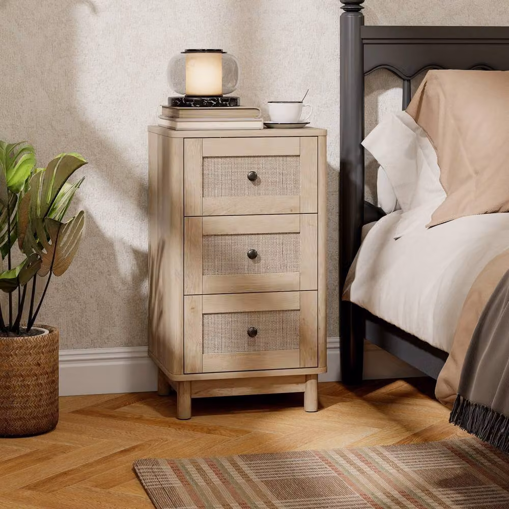 Wyld Haus Milu 3 Drawer Compact Chest in Light Oak with Rattan Details, W: 40 cm, H: 72 cm, D: 35 cm – 3