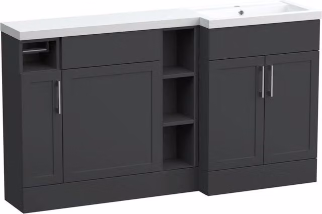 Balterley Pirehill Classic Corner Freestanding 3 Door Bathroom Vanity Unit with Open Shelf and Soft Close Doors, Anthracite Grey, W: 150 cm – 1