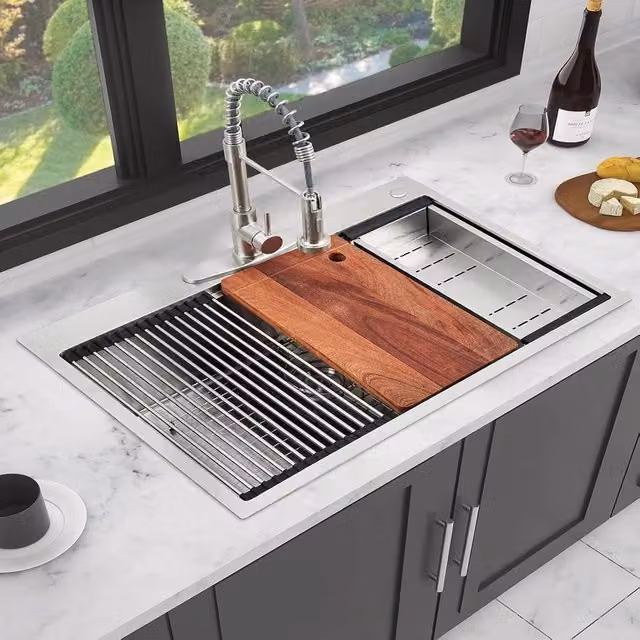 London Boutique Stainless Steel Inset Kitchen Sink in Silver with Drain Basket and Cutting Board – 1