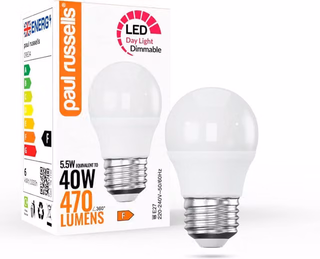 Paul Russells 5.5W Dimmable LED Golf Bulb, E27, 470lm, 6500K Cool White