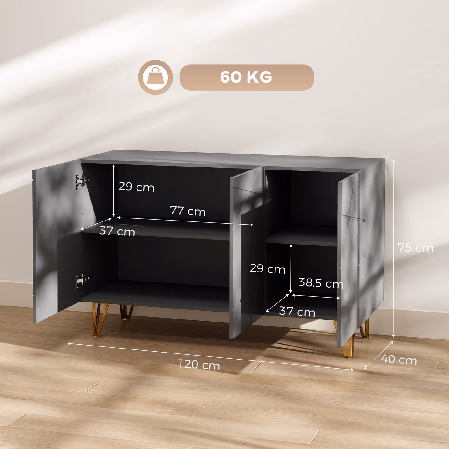HOMCOM Modern Luxe High Gloss Sideboard in Grey with Gold Hairpin Legs, W: 120 cm, H: 75 cm, D: 33.7 cm – 3