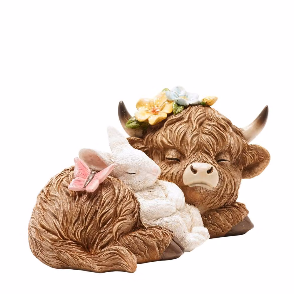 Country Living Sleeping Highland Cow with Spring Bunny in Brown – 2