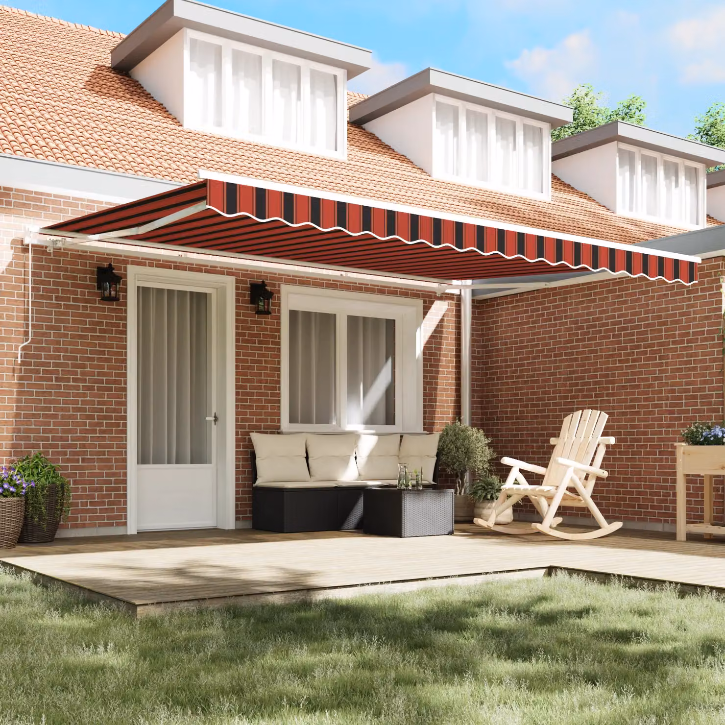 Berkfield Home Manual Retractable Wall-Mounted Awning, Orange, Brown, Red and Black Striped, W: 450 cm, D: 350 cm – 3