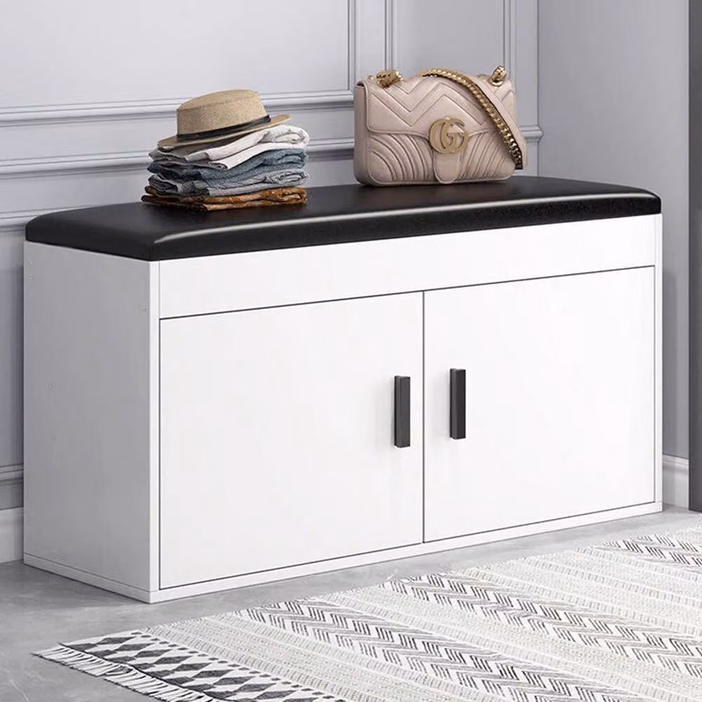 FORGEVIO Industrial Shoe Rack and Hallway Storage Bench in White and Black with Synthetic Leather Seat – 2