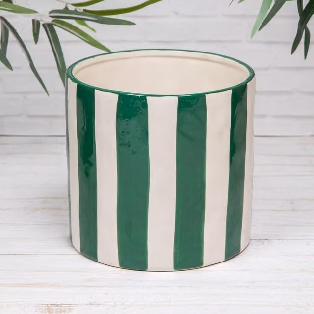 Annibells Modern Round Ceramic Glazed Indoor Flower Pot with Green and White Stripes