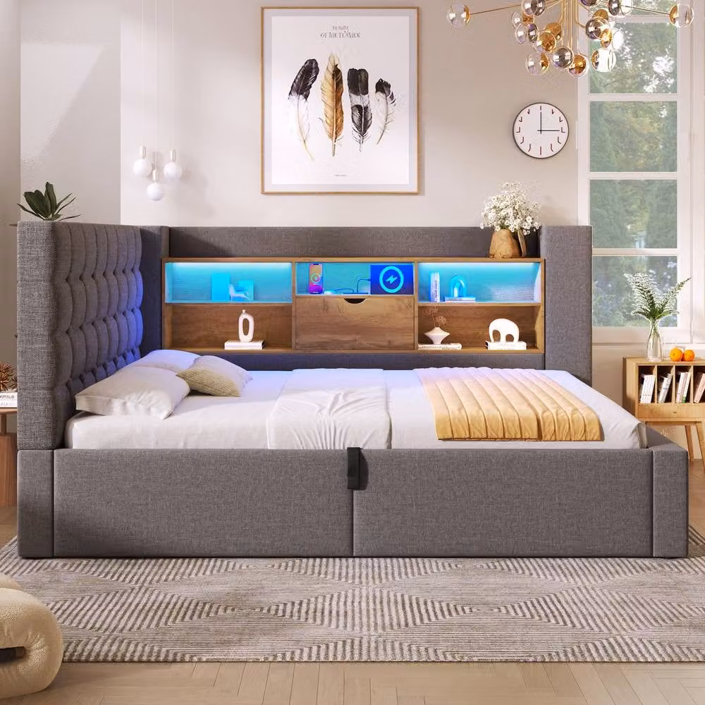 Merax Grey Upholstered Single Storage Daybed with LED, USB Charging Port and Bedside Shelf, W/D/H: 90 x 190 x 86 cm – 7