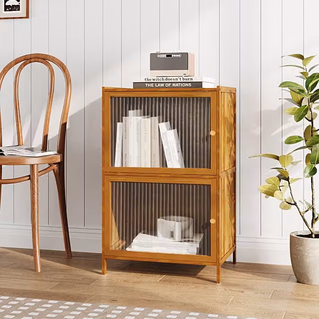 Livingandhome 2-Tier Mid-Century Corner Storage Unit in Brown Wood and Bamboo with Back Panel