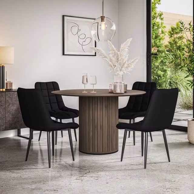 More4Homes Arlo Walnut Round Dining Table and 6 Black Nova Faux Leather Dining Chairs Set, W/D/H: 120 x 120 x 75 cm