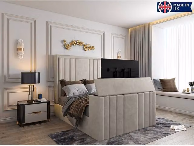 KDMD Atom Upholstered Soft Velvet Pebble TV Bespoke Bed Frame in Light Sand, Size: Small Double (W: 120 cm x D: 200 cm)