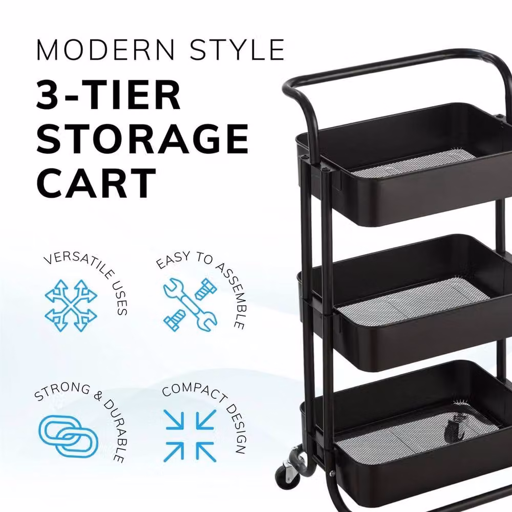 FORGEVIO Multi-Purpose Metal Storage Trolley Cart with Trays and Wheels, Black – 3