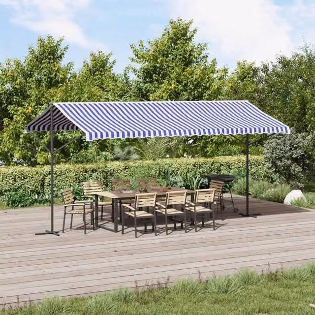 Berkfield Home Free Standing Folding Arm Awning in Blue and White, W: 500 cm, D: 300 cm