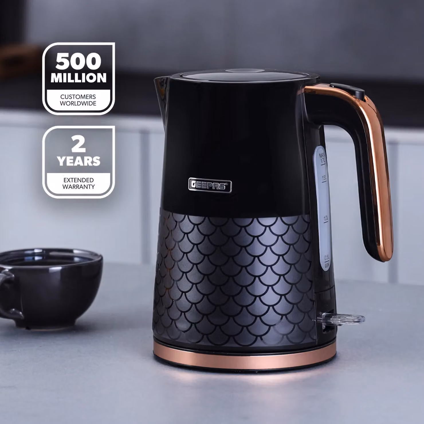 Geepas Aurora Collection 3000W Cordless Electric Kettle with Boil Dry Protection and Water Gauge, 1.7 l, Black – 2