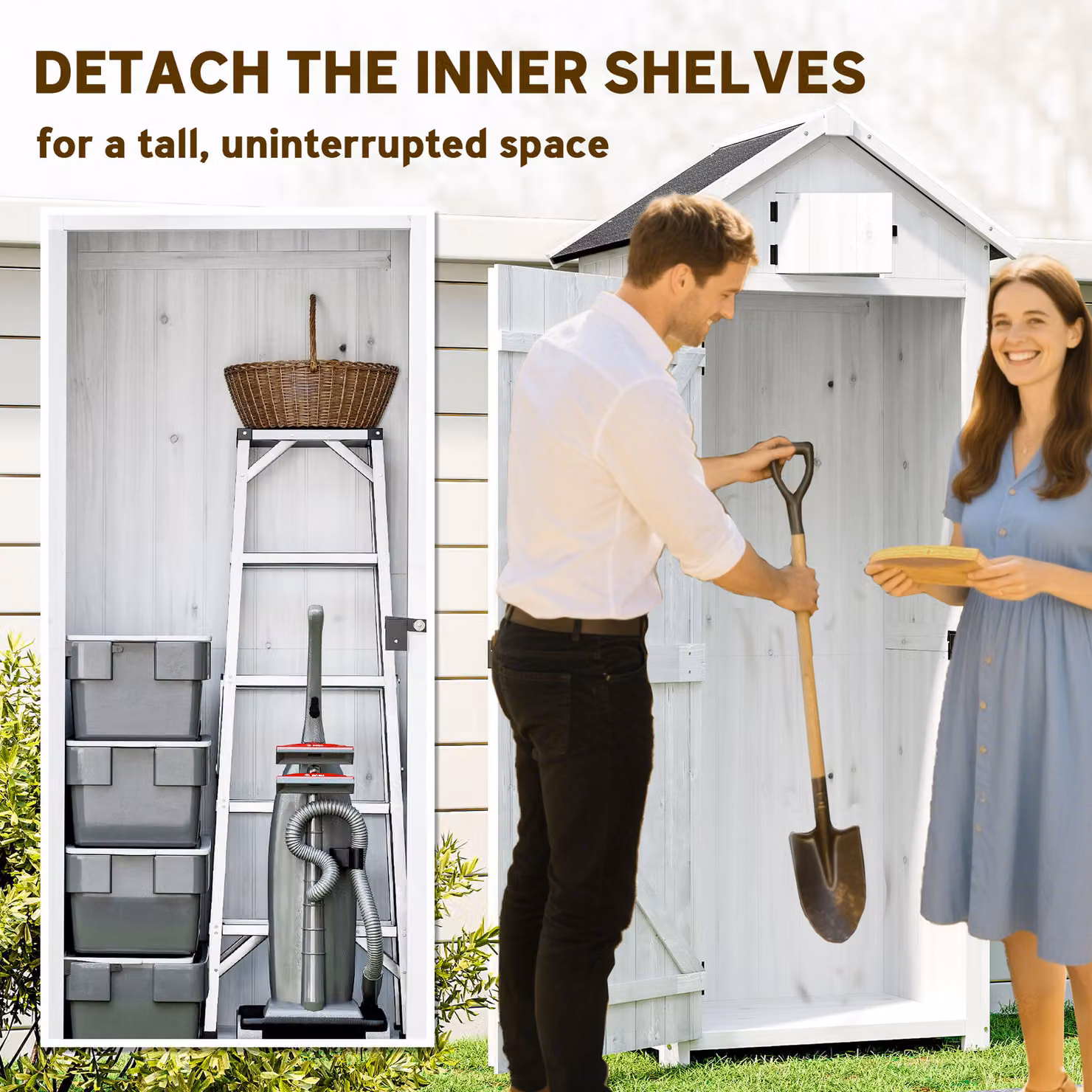 Outsunny Tall Slim Wooden Garden Shed with 3 Removable Shelves and Roof Hatch, Light Grey, W/D/H: 77 x 54.2 x 179 cm – 4