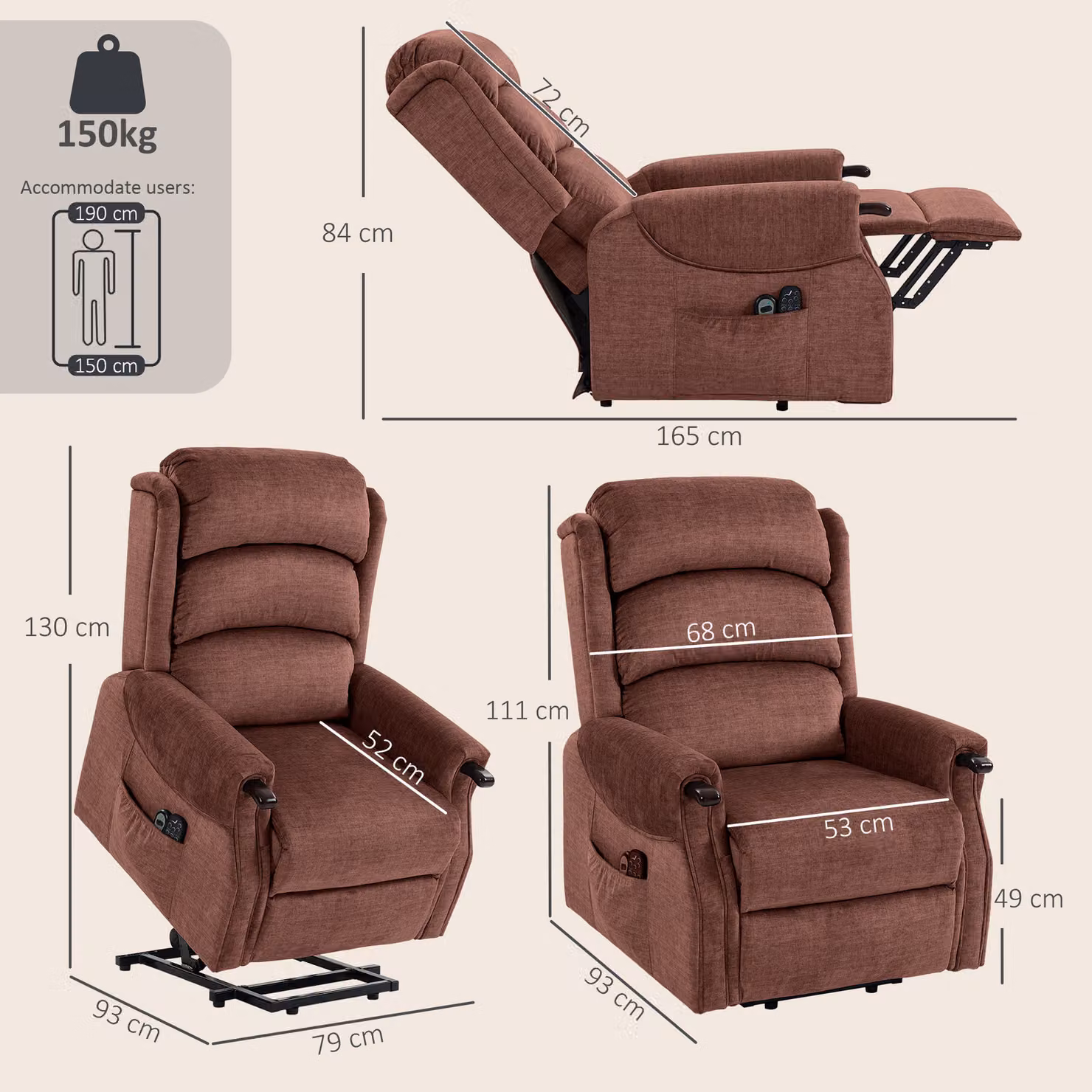 HOMCOM Power Lift Recliner with Vibration Massage and Heat in Brown Fabric – 3