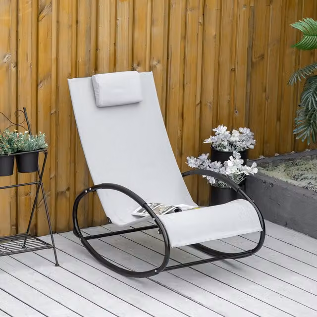 Outsunny Modern Grey Texteline Fabric Rocking Chair Sun Lounger with Adjustable Headrest and Aluminium Frame