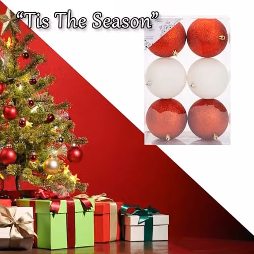 VFM e-Store Set of 6 Round Christmas Bauble Hanging Tree Ornaments in Red and White, 10 cm – 6