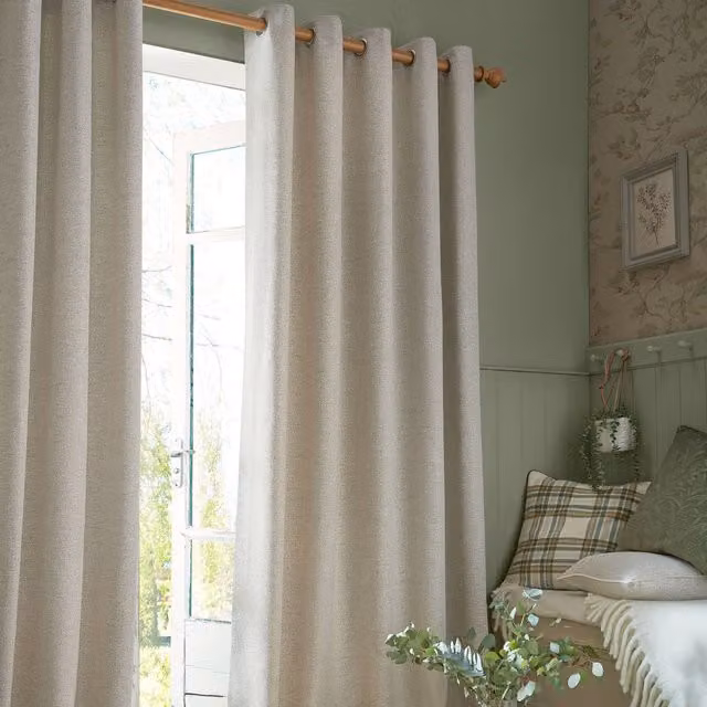 Laura Ashley Milbourne Herringbone Eyelet Curtains in Truffle-Natural