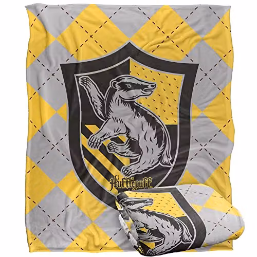 Warner Brothers Harry Potter Hufflepuff Plaid Sigil Fleece Blanket, White and Multicolour, W/D/H: 152 x 127 cm – 1