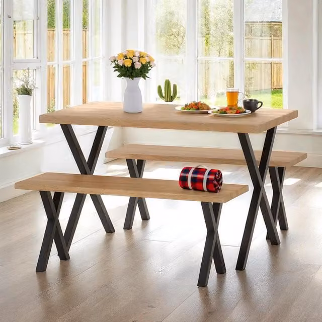 Seconique Buxton Dining Table and Benches Set in Oak and Black Industrial Style