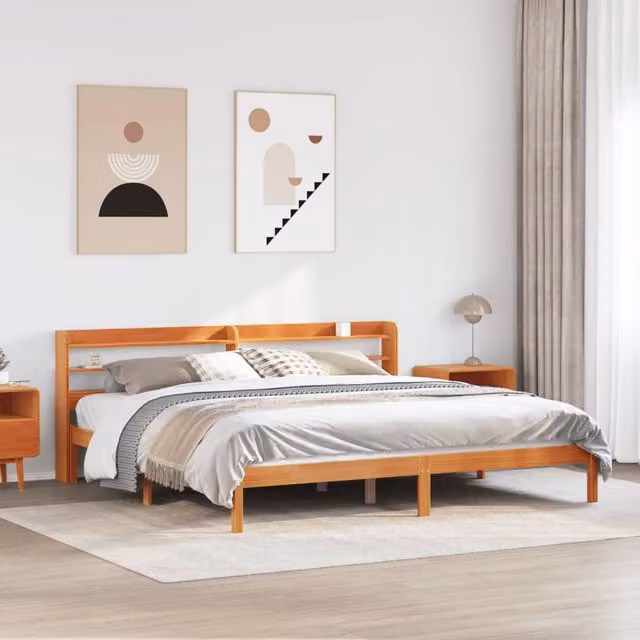 Berkfield Home Solid Wood Bed Frame with Headboard and Side Compartments in Wax Brown, 200 x 200 cm