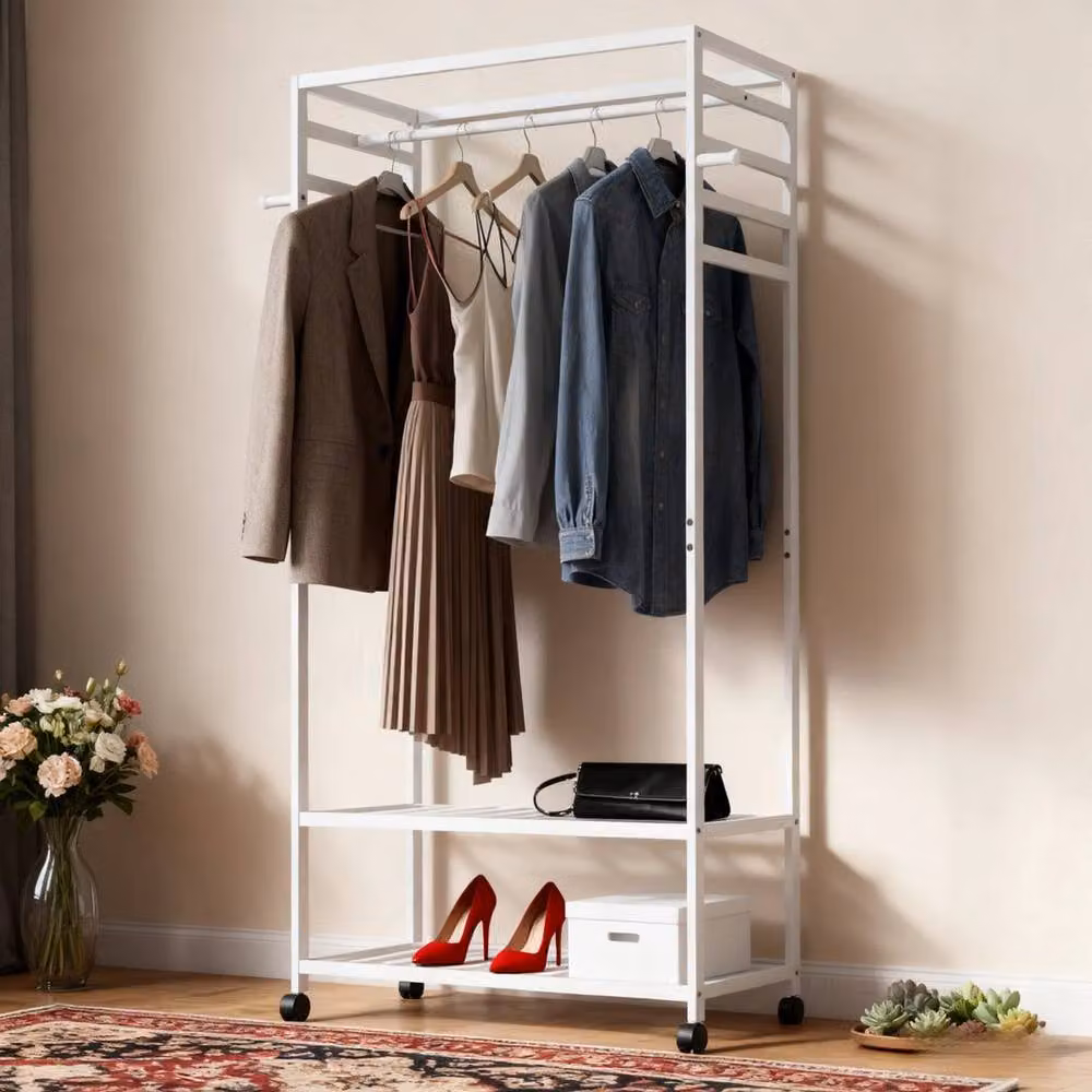 FLAVORA White Rolling Garment and Shoe Storage Rack with Dual Hook and Rail Matrix – 2