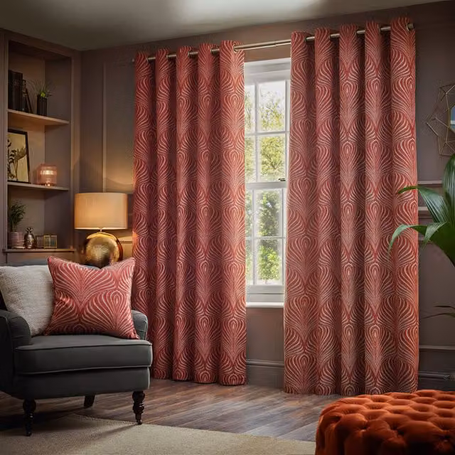 Make It A Home Gatsby Jacquard Eyelet Curtain Pair in Terracotta with Art Deco Graphic Design, Height: 183 cm, Width: 168 cm