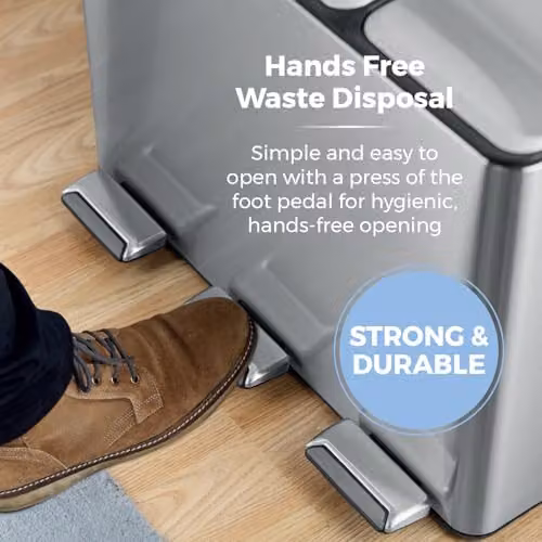 Tower 45L Silver Stainless Steel Recycling Pedal Bin with Removable Inner Buckets and Fingerprint Proof Finish – 3