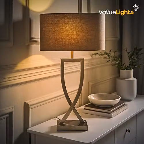 ValueLights Katniss Modern Chrome Table Lamp with Grey Fabric Lampshade and 4W Warm White LED Bulb – 5