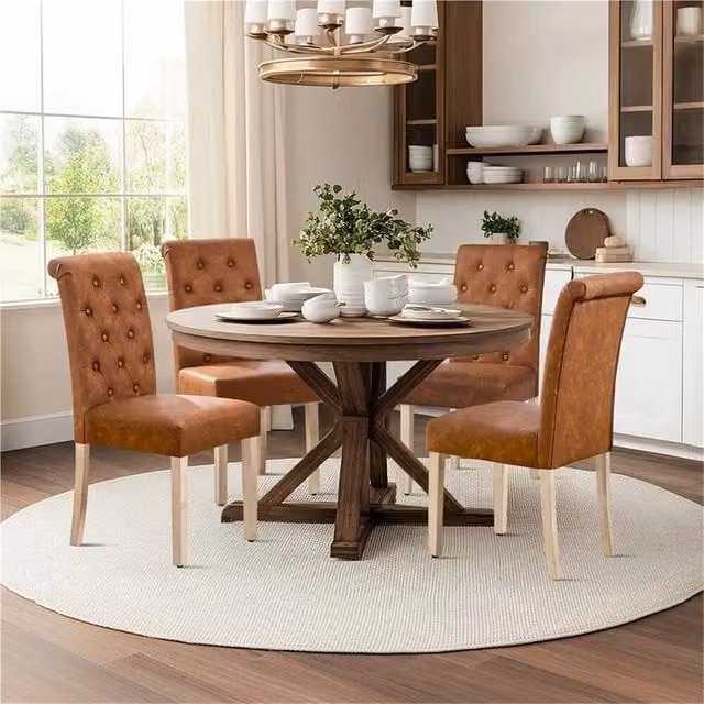 Kelvenix Set of 2 Retro Brown Fabric and Synthetic Leather Dining Chairs with Rubberwood Legs