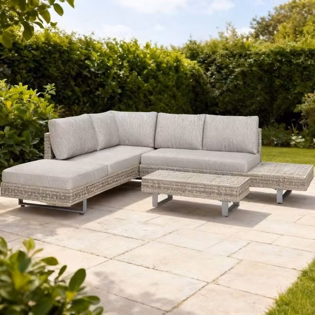 ERGOVEXA Three-Piece L-Shape Rattan Garden Sofa Set with Cushions and Coffee Table, Grey