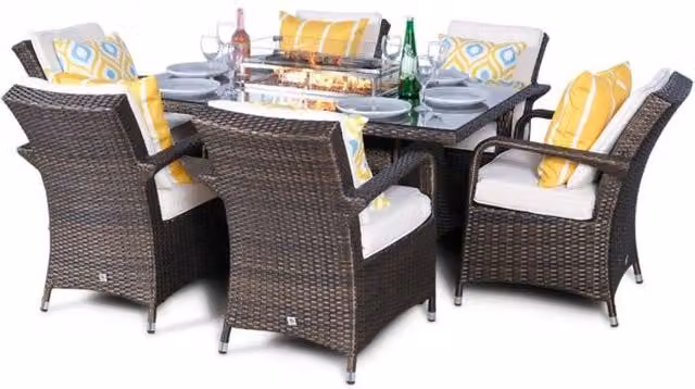 Thats Furniture Arizona 6 Seater Rectangle Rattan Dining Set with Fire Pit in Brown