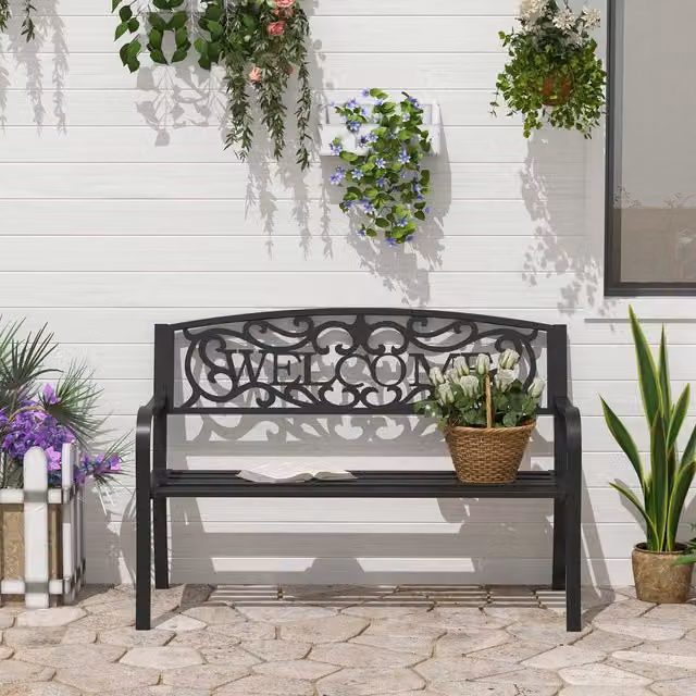 OUTSUNNY Black Metal Double Garden Bench for Outdoor Use – 1