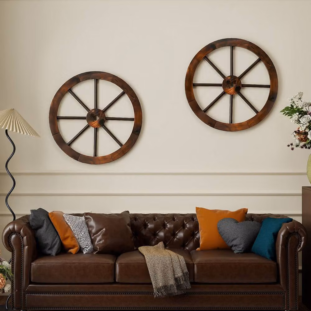 Costway Set of 2 Rustic Wood Wagon Wheels Vintage Wall Hanging Decoration, Brown, Diameter: 60.96 cm – 8