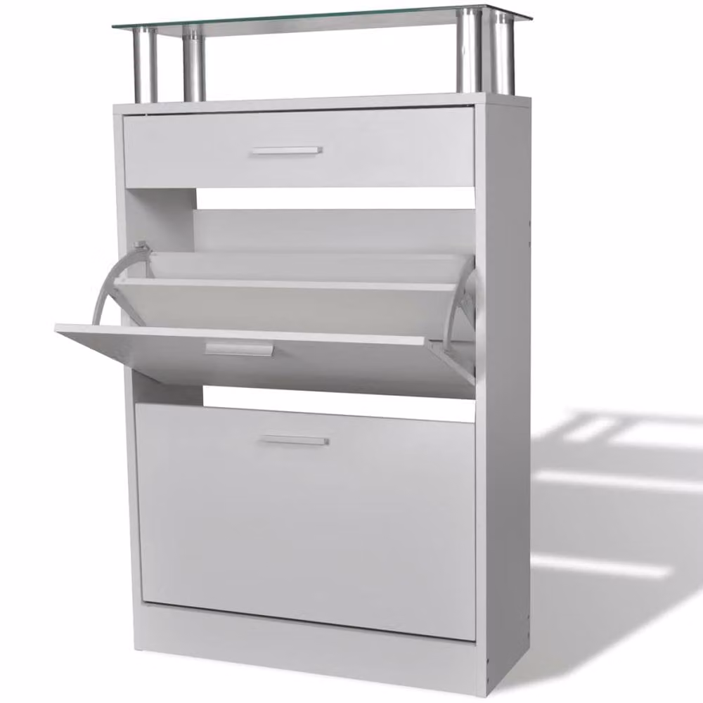 Berkfield Home Modern White Wood Shoe Cabinet with Drawer and Glass Top Shelf, W/D/H: 63 x 24 x 104 cm