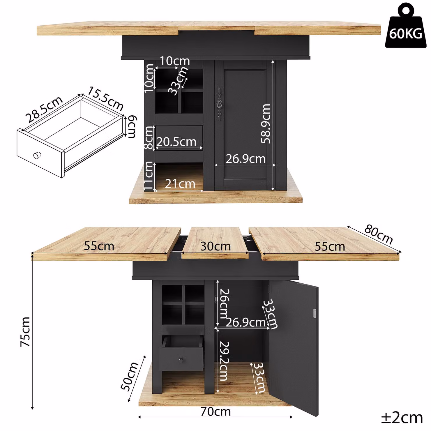 Aosom UK Modern Extendable Dining Table with Wine Rack and Drawers, Black and Natural, W/D/H: 80 x 110 x 75 cm – 3