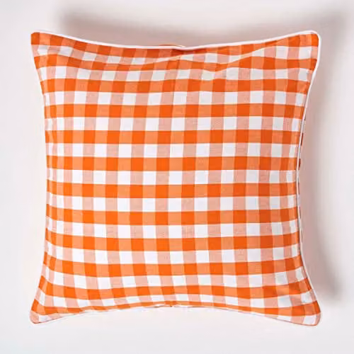 Homescapes Orange and White Gingham Cotton Square Cushion Cover, W/D/H: 60 x 60 x 60 cm