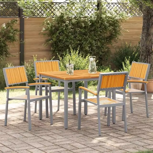 Berkfield Home Set of 4 Stackable Outdoor Chairs in Grey Acacia Wood and Metal – 1