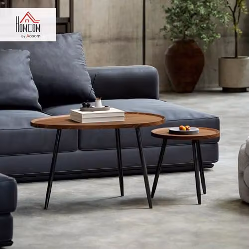 HOMCOM Nesting Coffee Table Set of 2 in Chestnut Wood Effect with Round Tops – 2