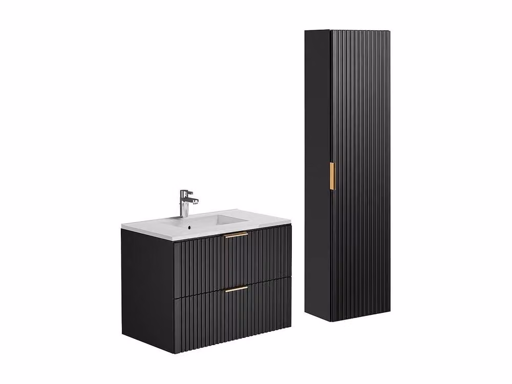 Vente-unique Ribbed Wall-Mounted Bathroom Vanity Unit and Tall Cabinet with Inset Basin in Black Matt – 2