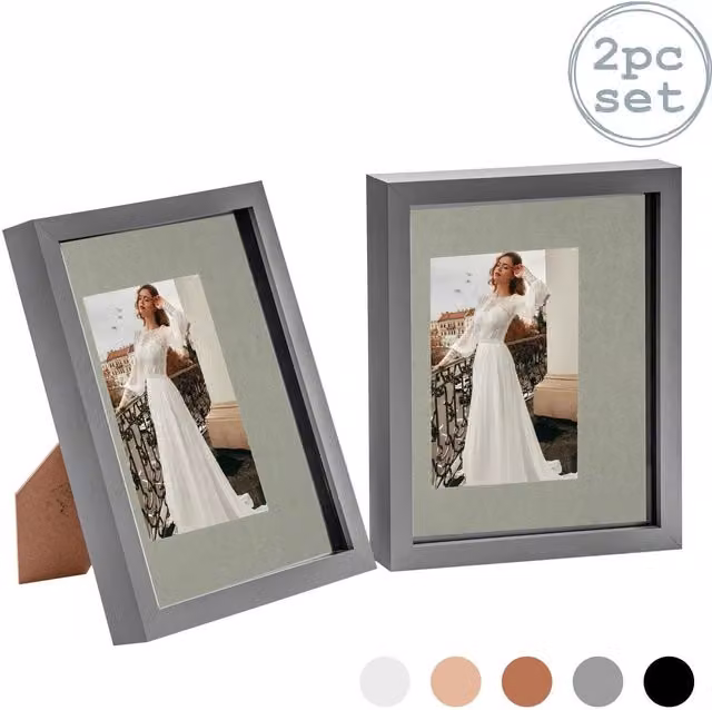 Nicola Spring Pack of 2 Grey 3D Box Photo Frames with 4x6 inch Mount, W/H: 25.4 x 20.32 cm