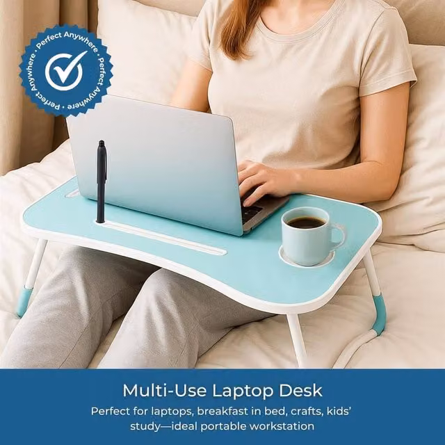 KORVIXA Foldable Portable Laptop Table for Bed or Sofa, Blue, W: 60 cm, D: 40 cm, H: 28 cm