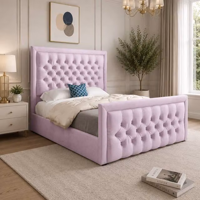 Casani Sidford Upholstered Pink Velvet Designer Bed Frame, W/D/H: 137 x 120 x 200 cm