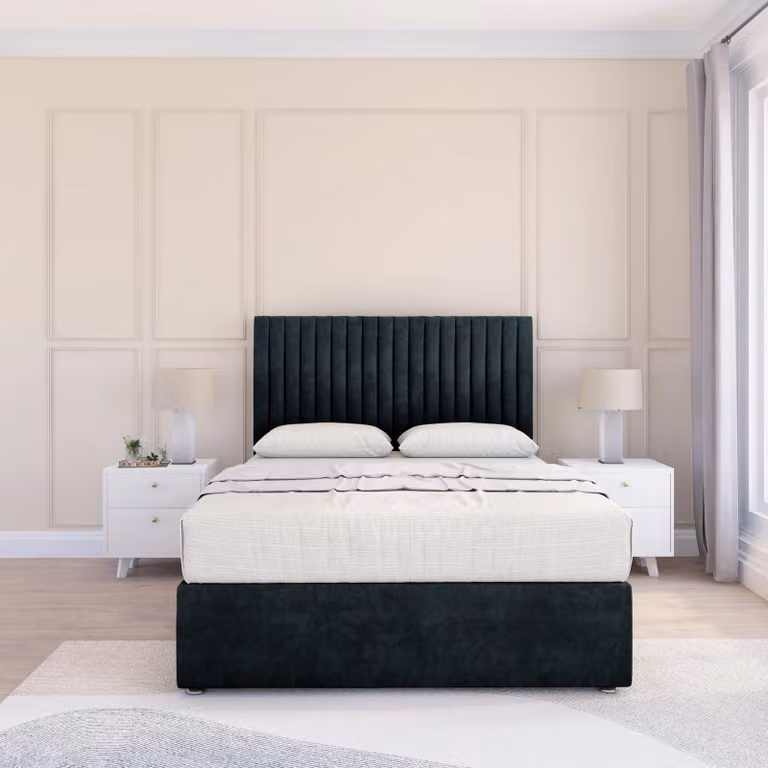 Sloomy Manhattan Black Velvet Upholstered Single Divan Bed Base with Floor Standing Headboard W/D/H: 90 x 200 cm