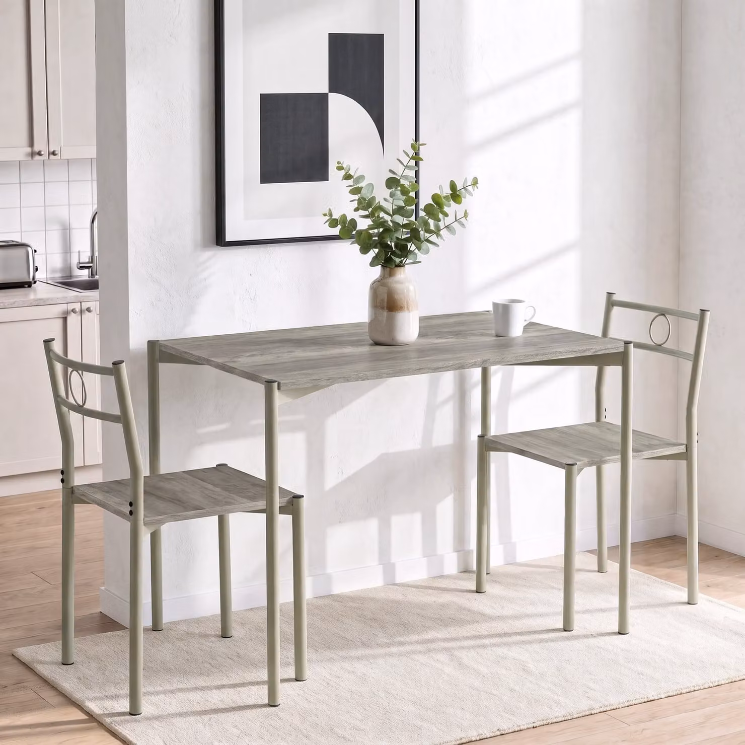 DHS Industrial Rectangular Wooden Dining Table and 2 Chairs in Grey and White