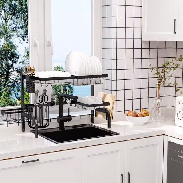 HOMCOM 2 Tier Adjustable Over The Sink Dish Drying Rack in Black – 1