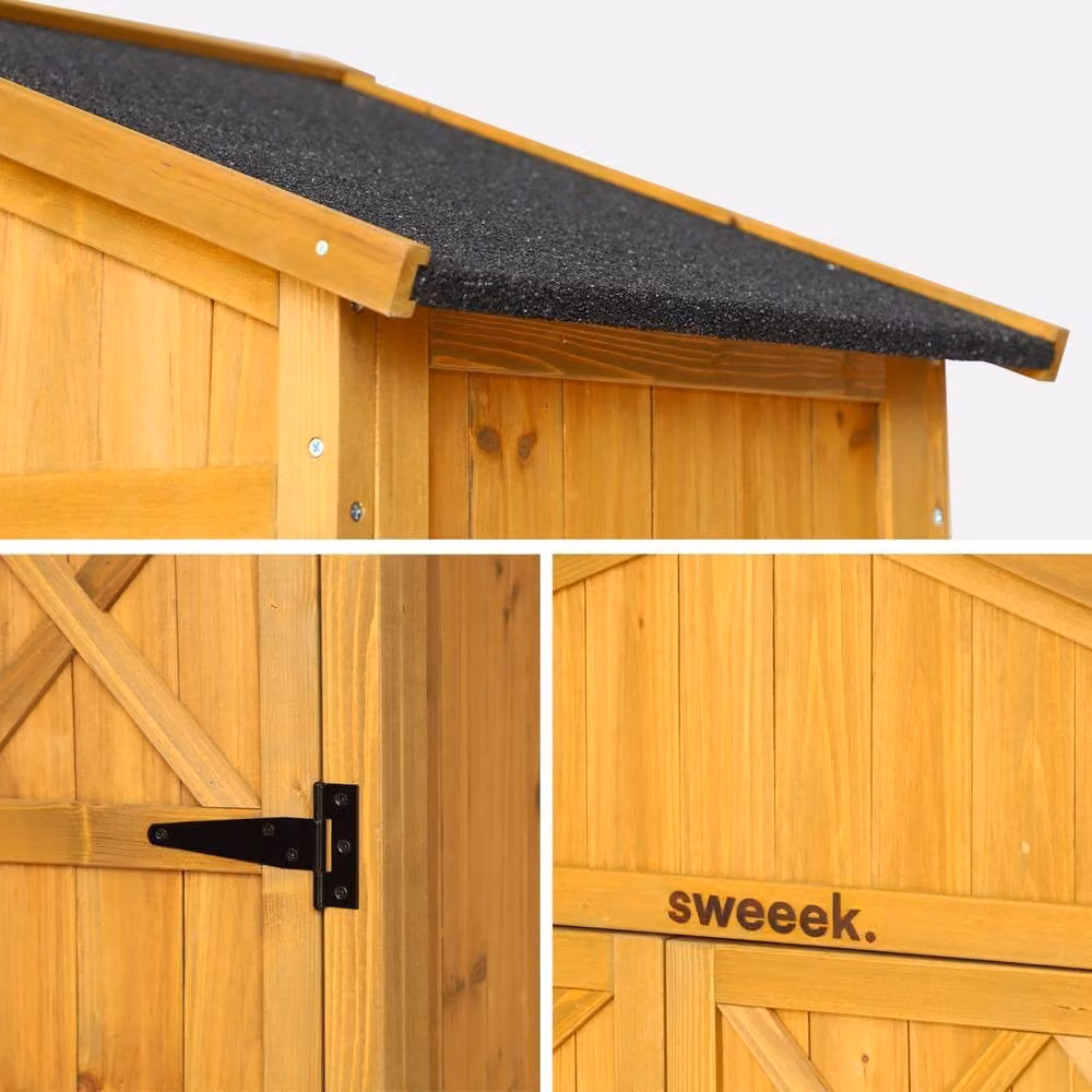 Sweekeek Brown Fir Wood Garden Shed with Double Doors and Shelving, W: 105 cm, D: 55.5 cm, H: 178.5 cm – 3