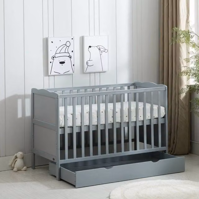 FLAVORA Grey Solid Wood Baby Cot Bed with Drawers and Aloe Vera Mattress