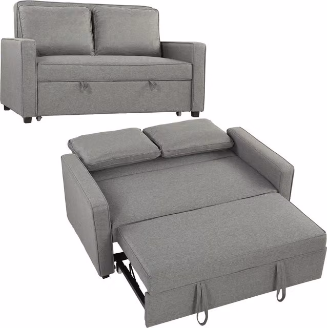HOMCOM Grey Fabric Click Clack Double Sofa Bed with Adjustable Backrest and Solid Wood Frame